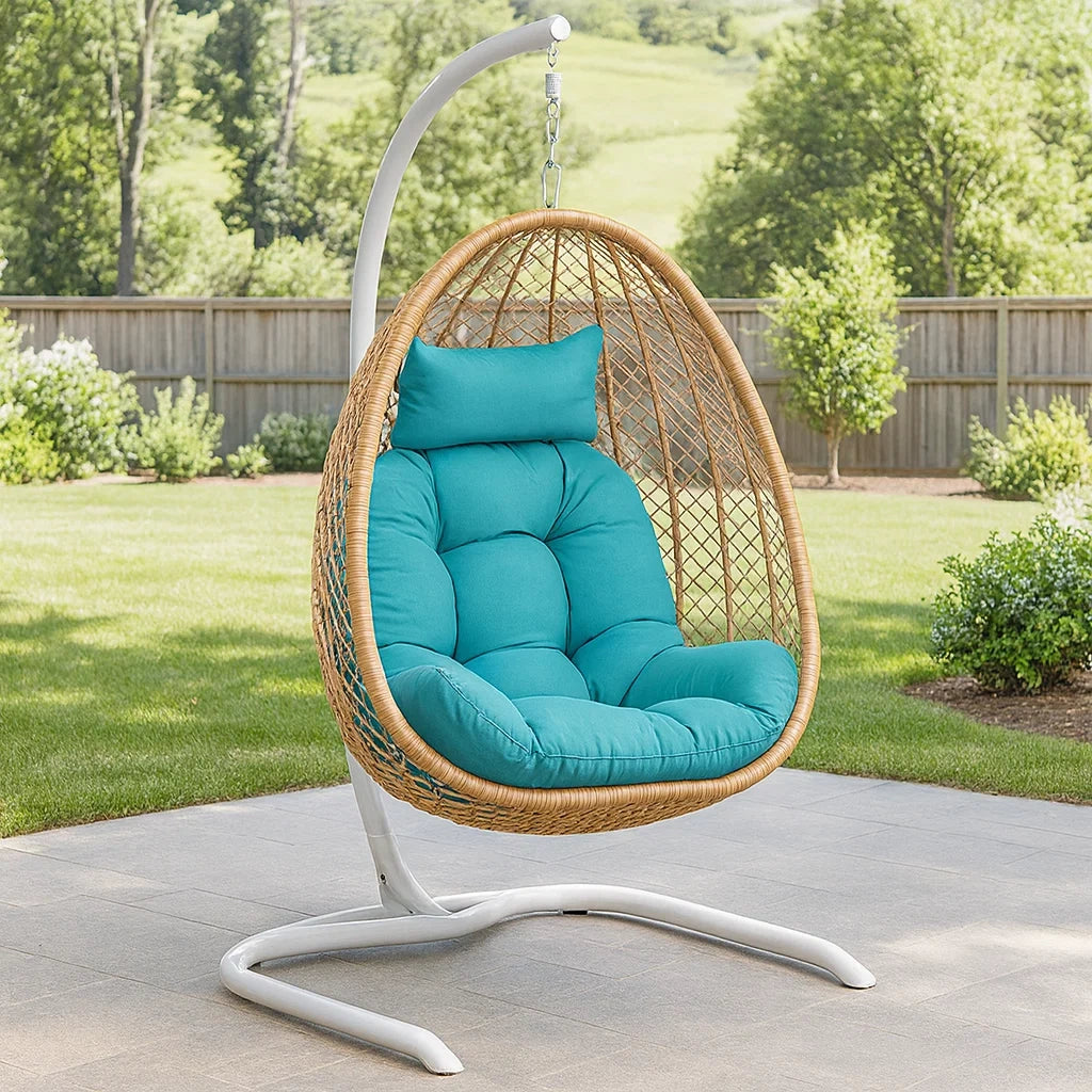 Sedia Sospesa in Rattan con Cuscino Turchese