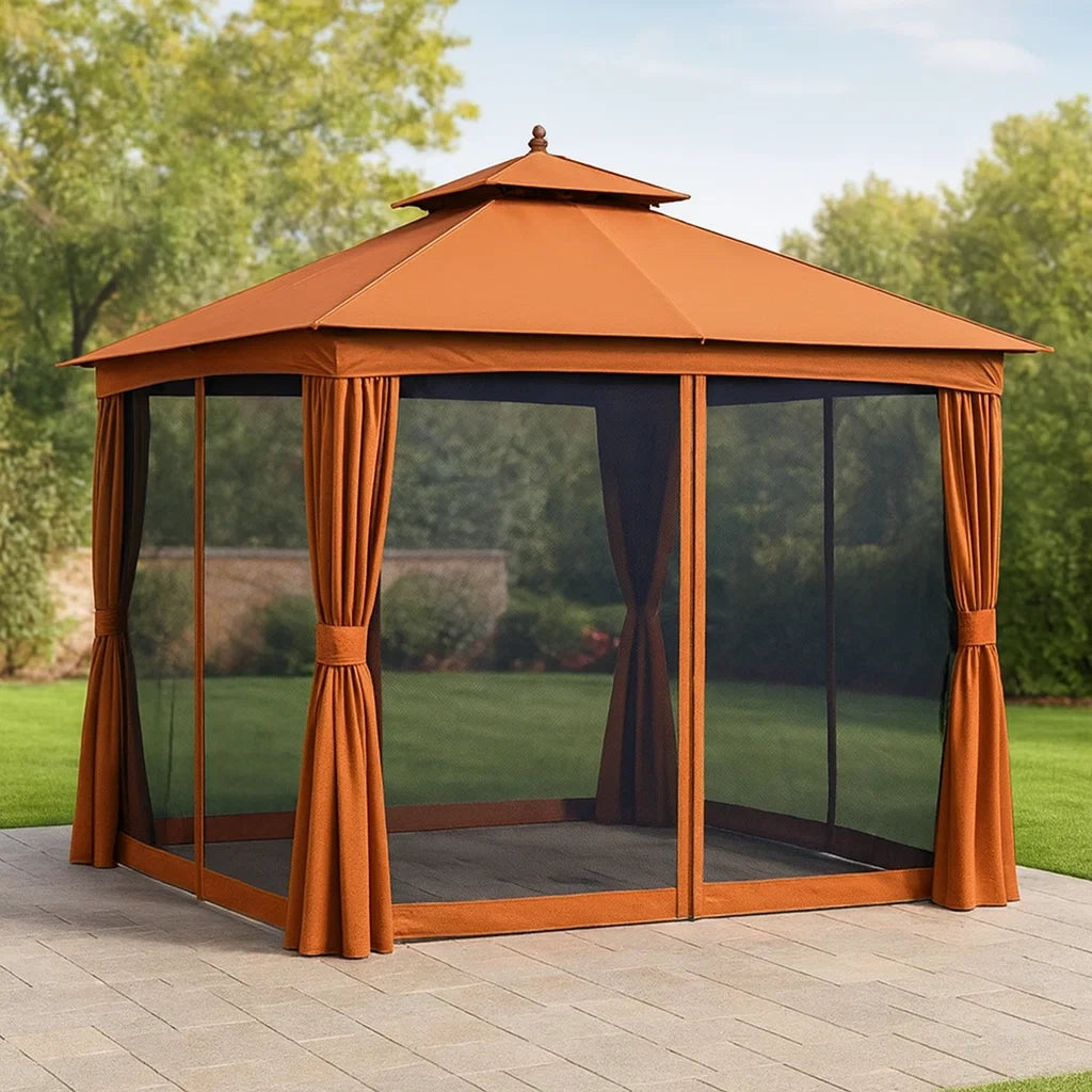 Gazebo da Giardino con Struttura in Acciaio e Tetto in Tessuto Poliestere Arancione