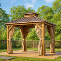 Gazebo da Giardino in Legno con Tetto in Metallo e Tende in Poliestere