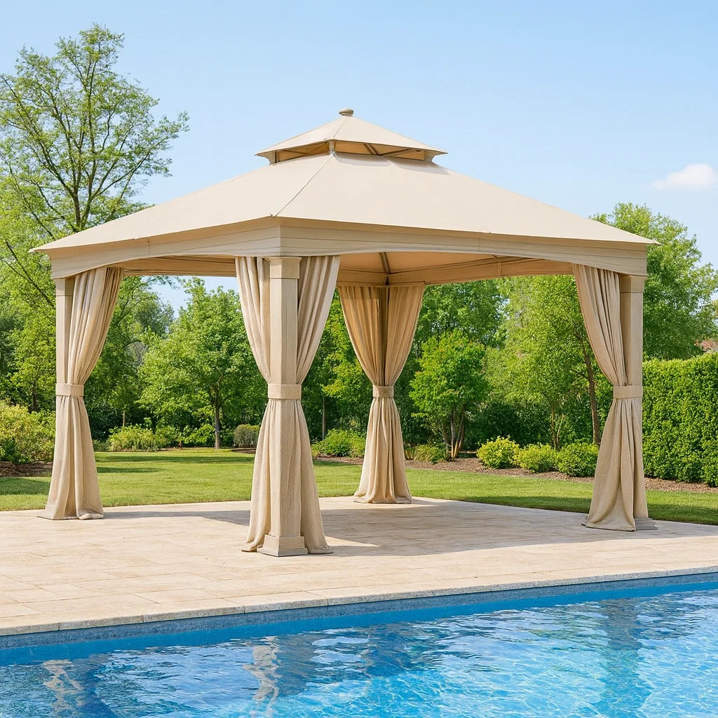 Gazebo da Giardino in Acciaio e Poliestere Beige con Tende Laterali