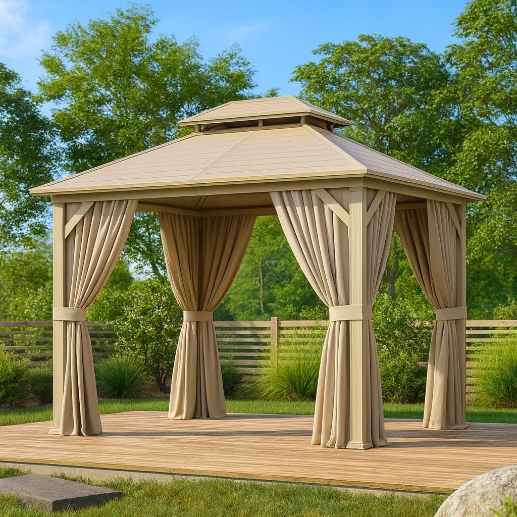 Gazebo in Alluminio con Tende Poliestere Beige