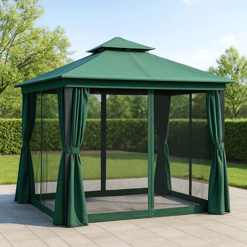 Gazebo da Esterno in Acciaio con Zanzariera e Tetto in Poliestere Verde