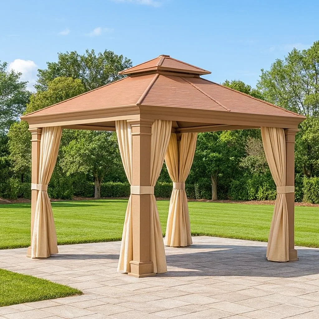 Gazebo da Giardino in Alluminio e Policarbonato con Tende in Tessuto