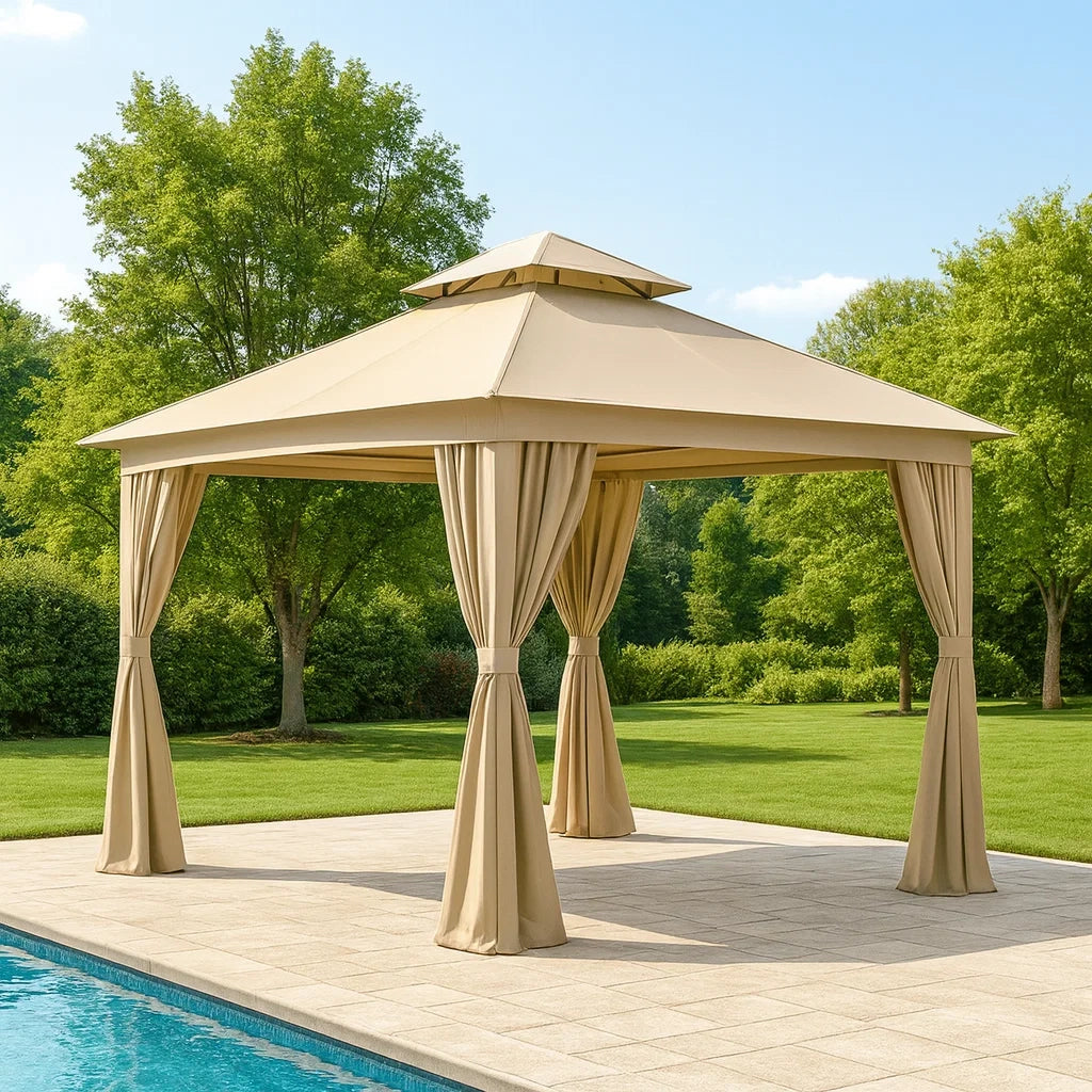 Gazebo da Giardino in Alluminio con Doppio Tetto e Tende in Poliestere Beige 3x3m