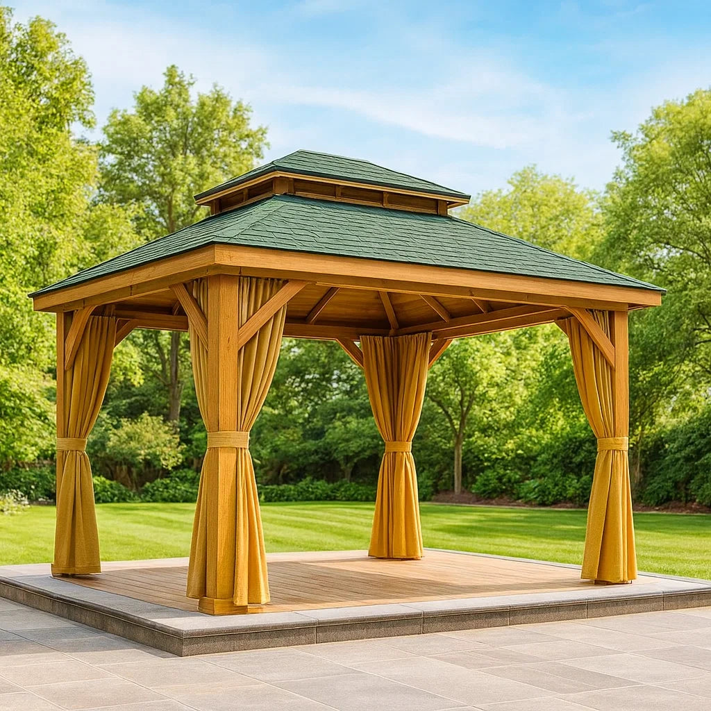 Gazebo da Giardino in Legno con Tetto in Tegole e Tende in Poliestere
