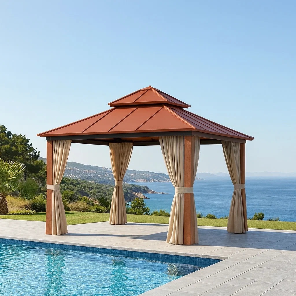Gazebo da Giardino in Metallo con Tetto in Metallo e Tende in Tessuto