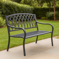 Panchina da giardino in metallo grigio con schienale decorativo, 130 cm