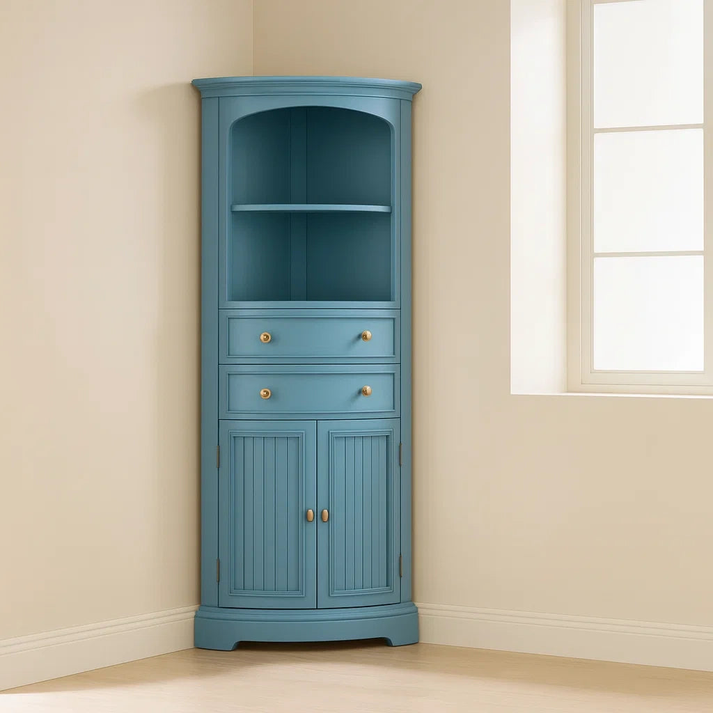 Angoliera in Legno con Ripiani e Cassetti Blu