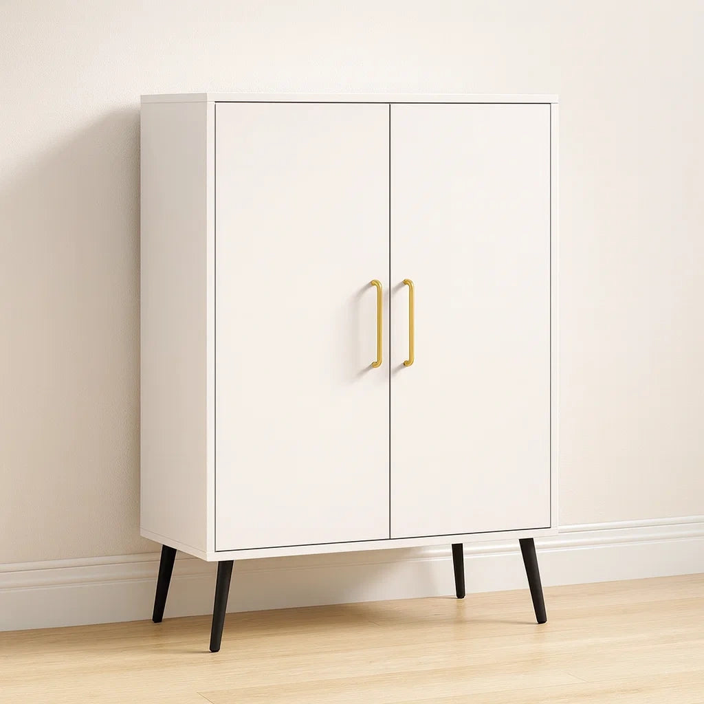 Armadio MDF Bianco con Maniglie Dorate e Gambe Nere 80x40x120cm