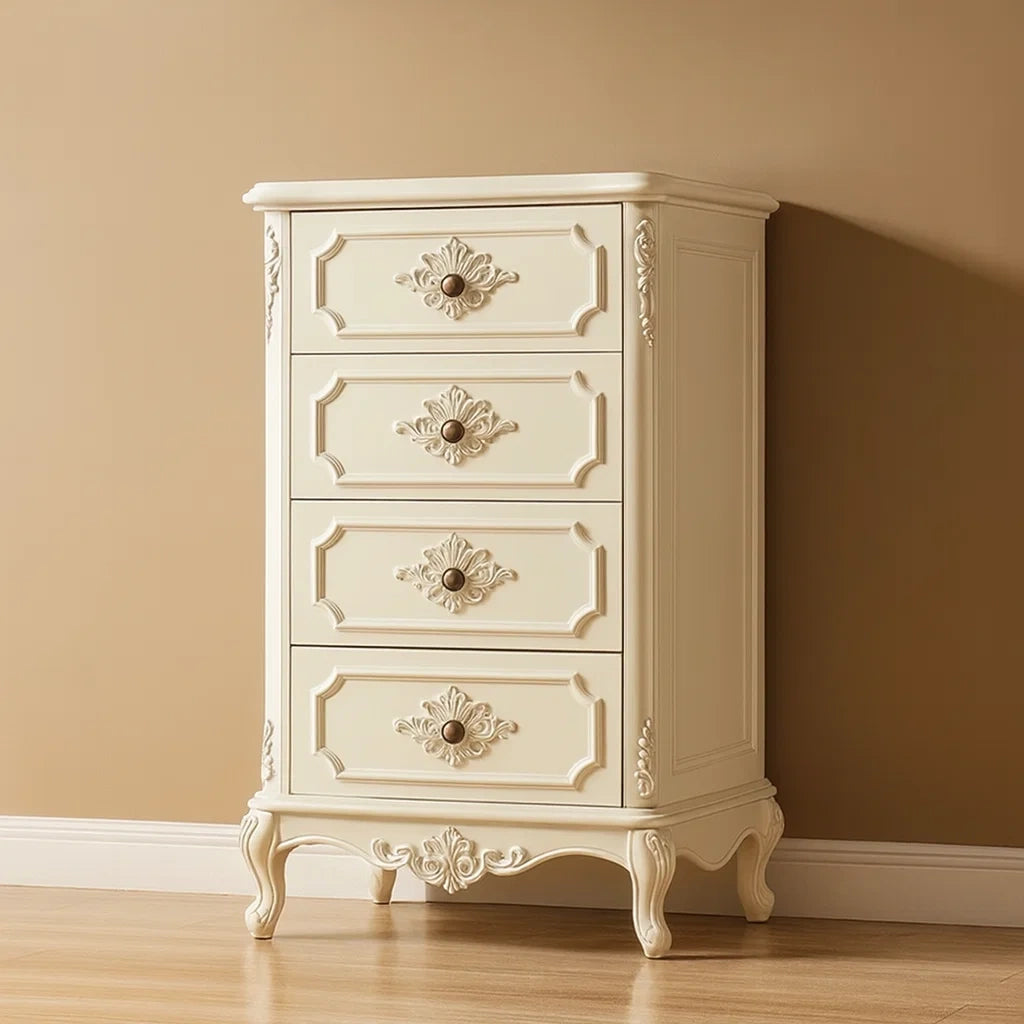 Cassettiera in Legno Massello Intagliato Avorio a 4 Cassetti