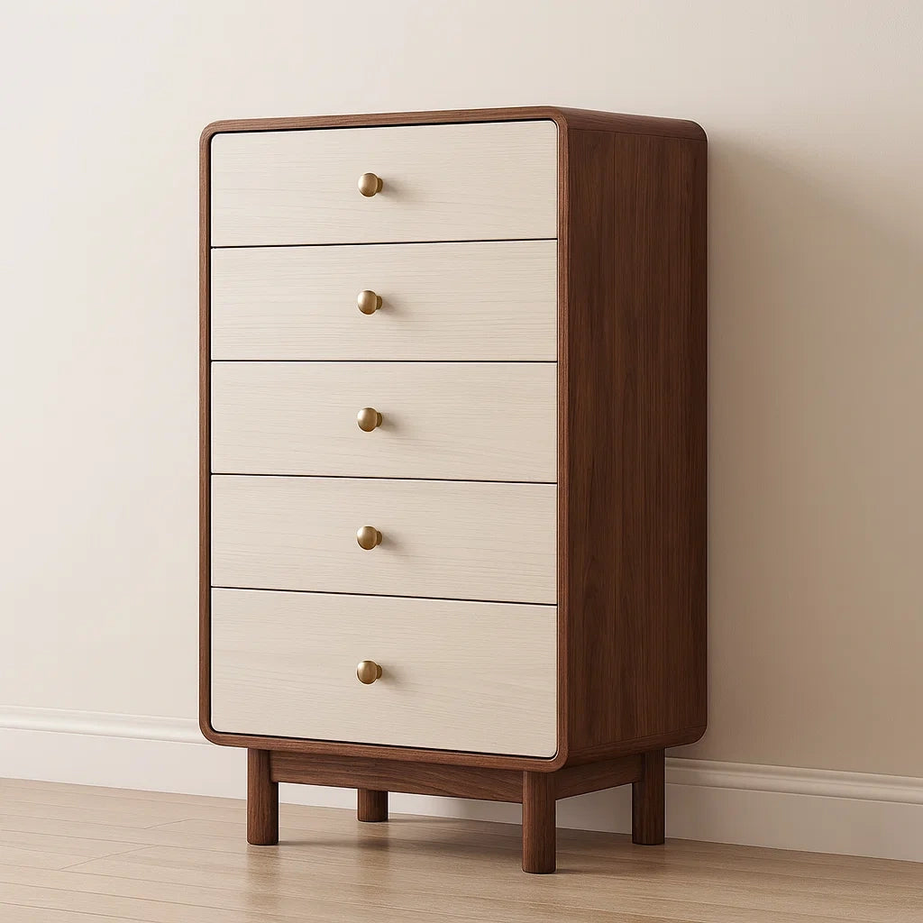 Cassettiera a 5 cassetti legno noce e MDF, noce e beige