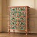 Cassettiera in Legno Intagliato con Motivi 4 Cassetti Verde/Rosa