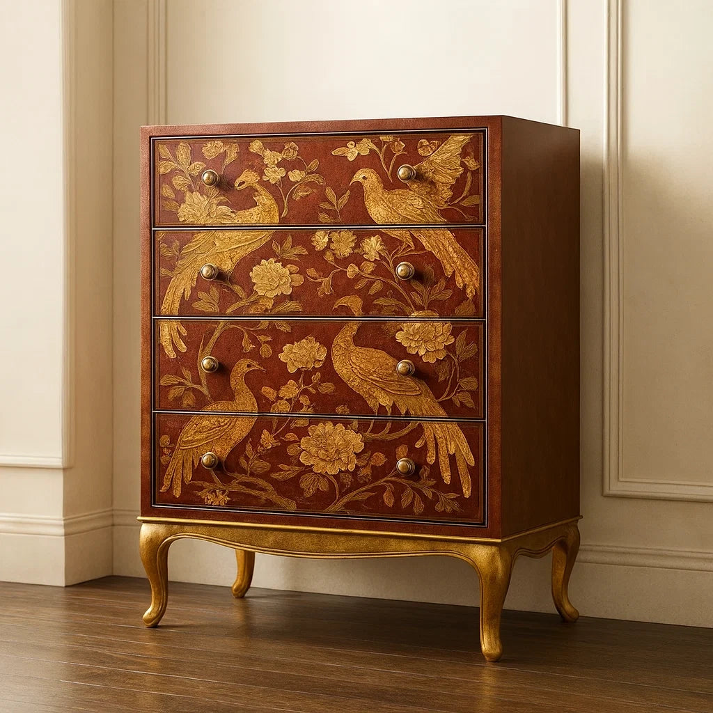 Cassettiera in Legno con Decorazioni di Uccelli e Fiori