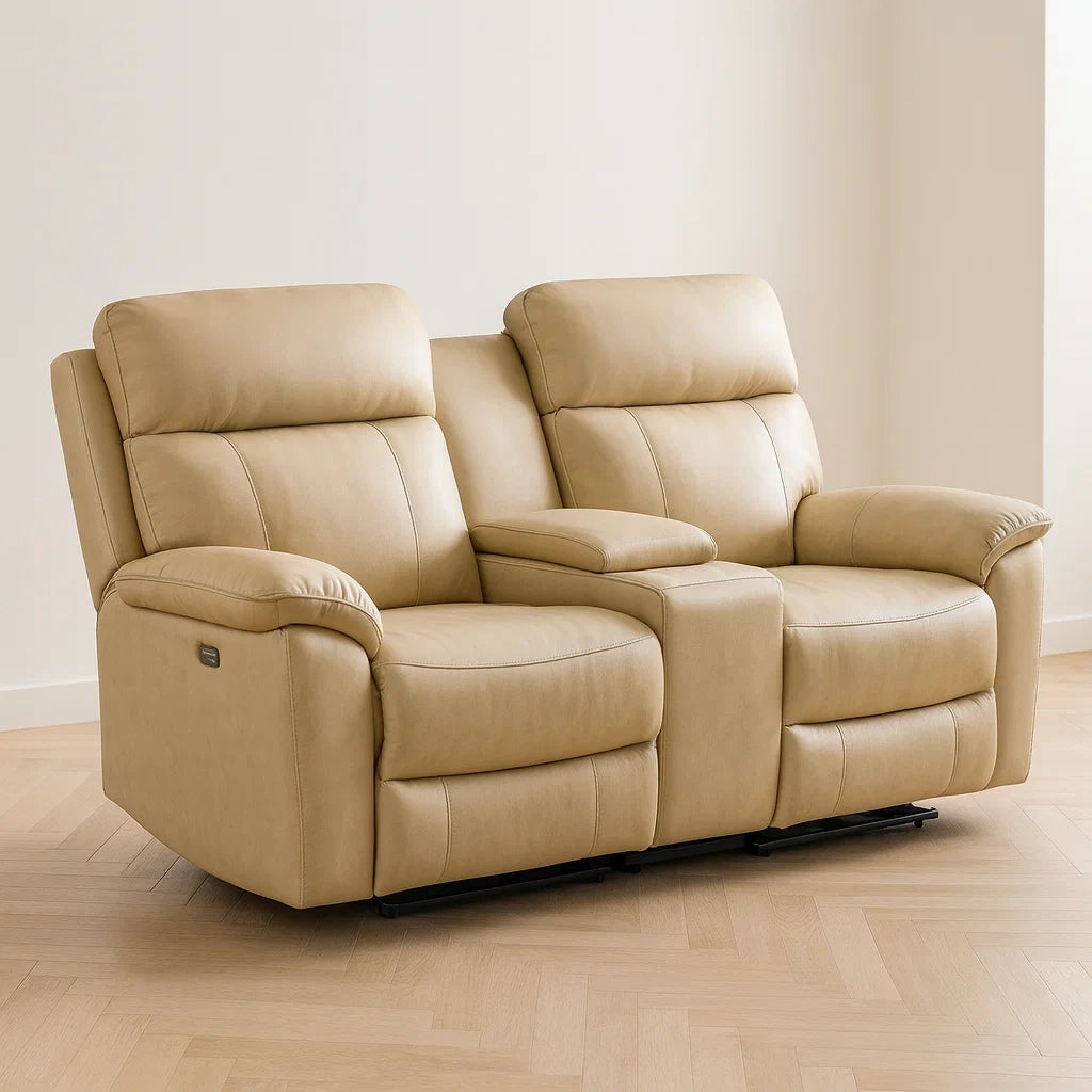 Divano reclinabile a due posti in pelle sintetica beige con porta bicchieri