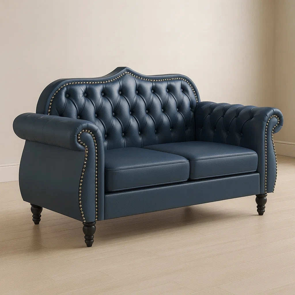 Divano Due Posti in Pelle Blu con Borchie
