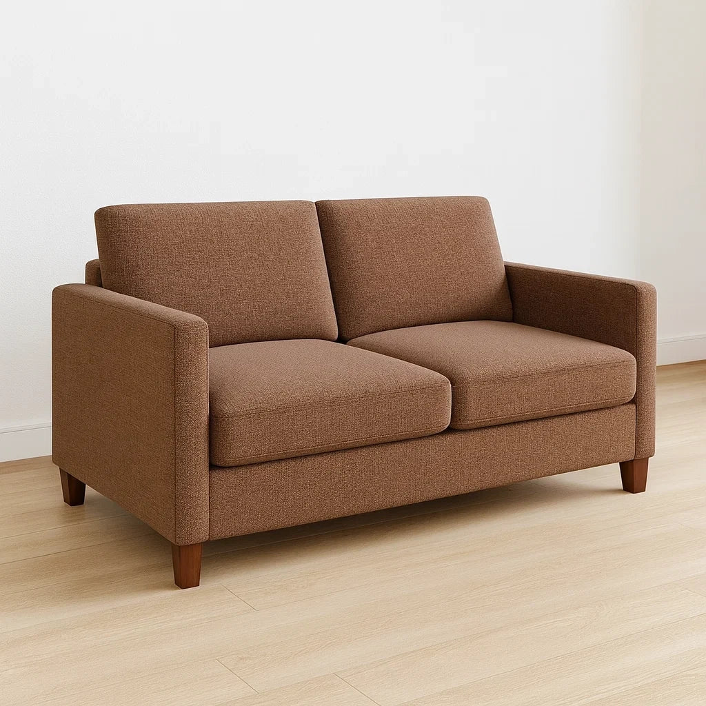Divano due posti in tessuto con gambe in legno marrone