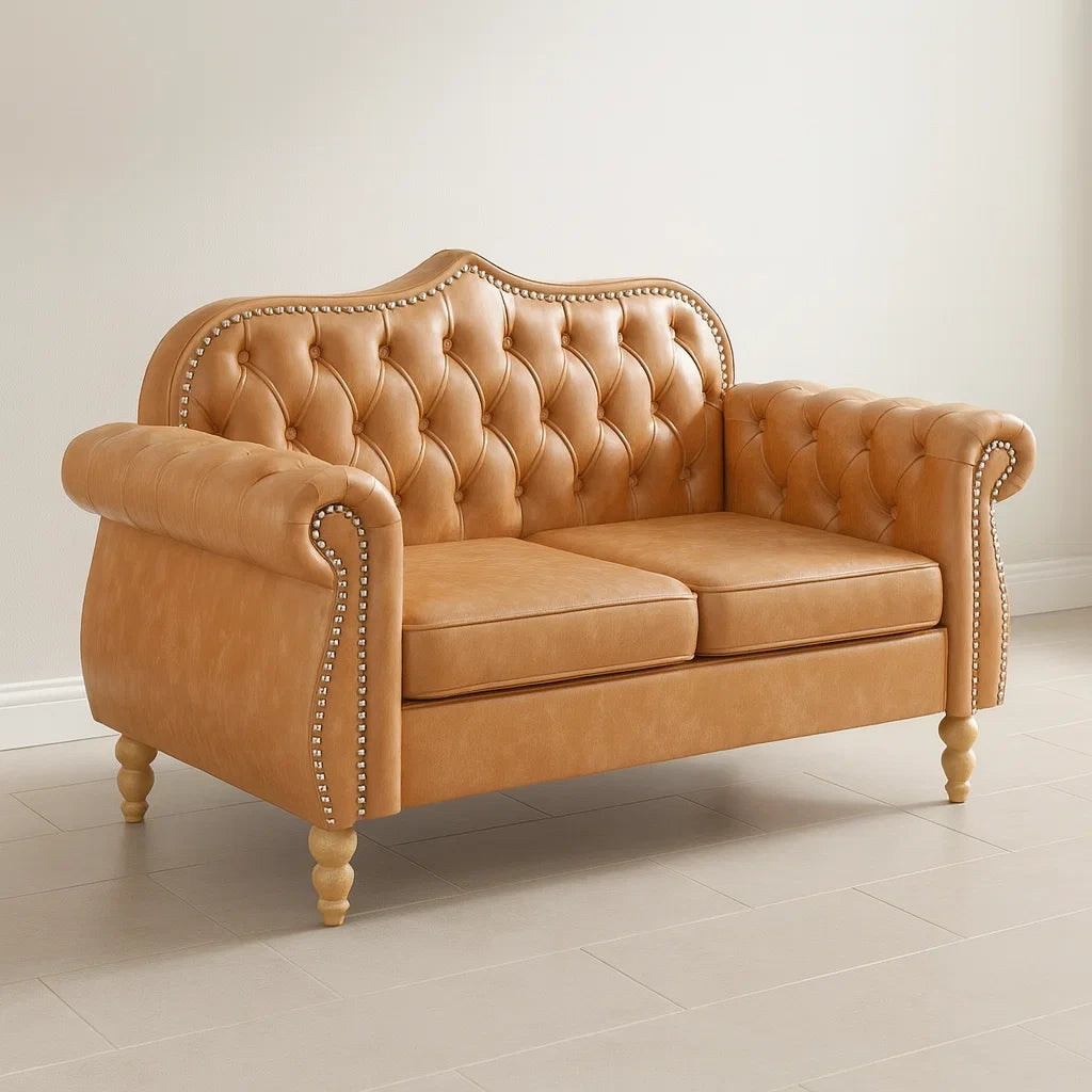 Divano Loveseat in Pelle PU Marrone con Braccioli e Schienale Trapuntato