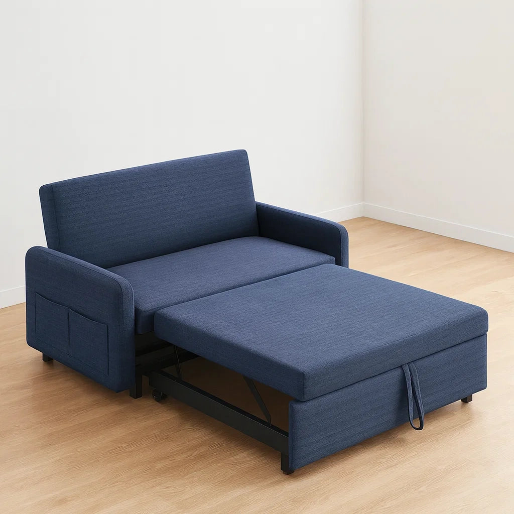 Divano Letto in Tessuto Poliestere Blu con Struttura in Metallo