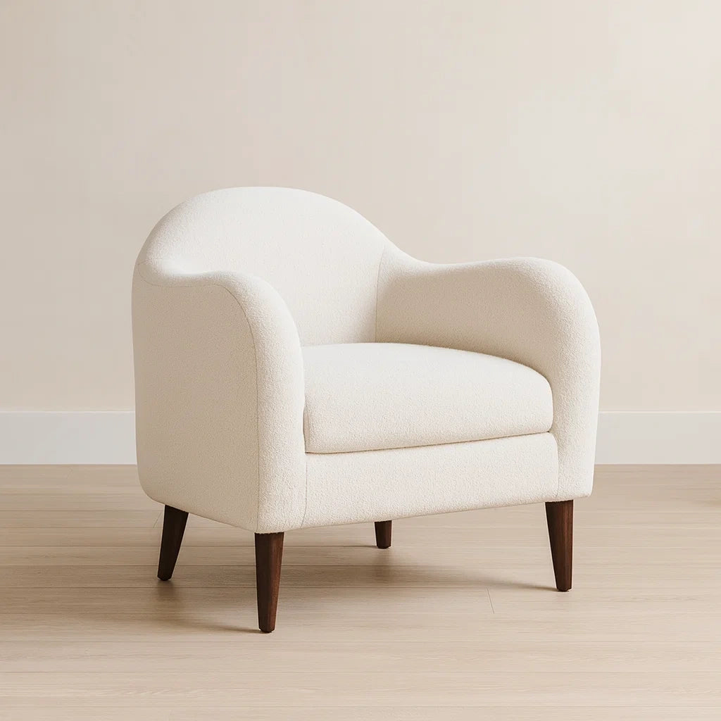 Poltrona in Bouclé con gambe in legno, Bianco