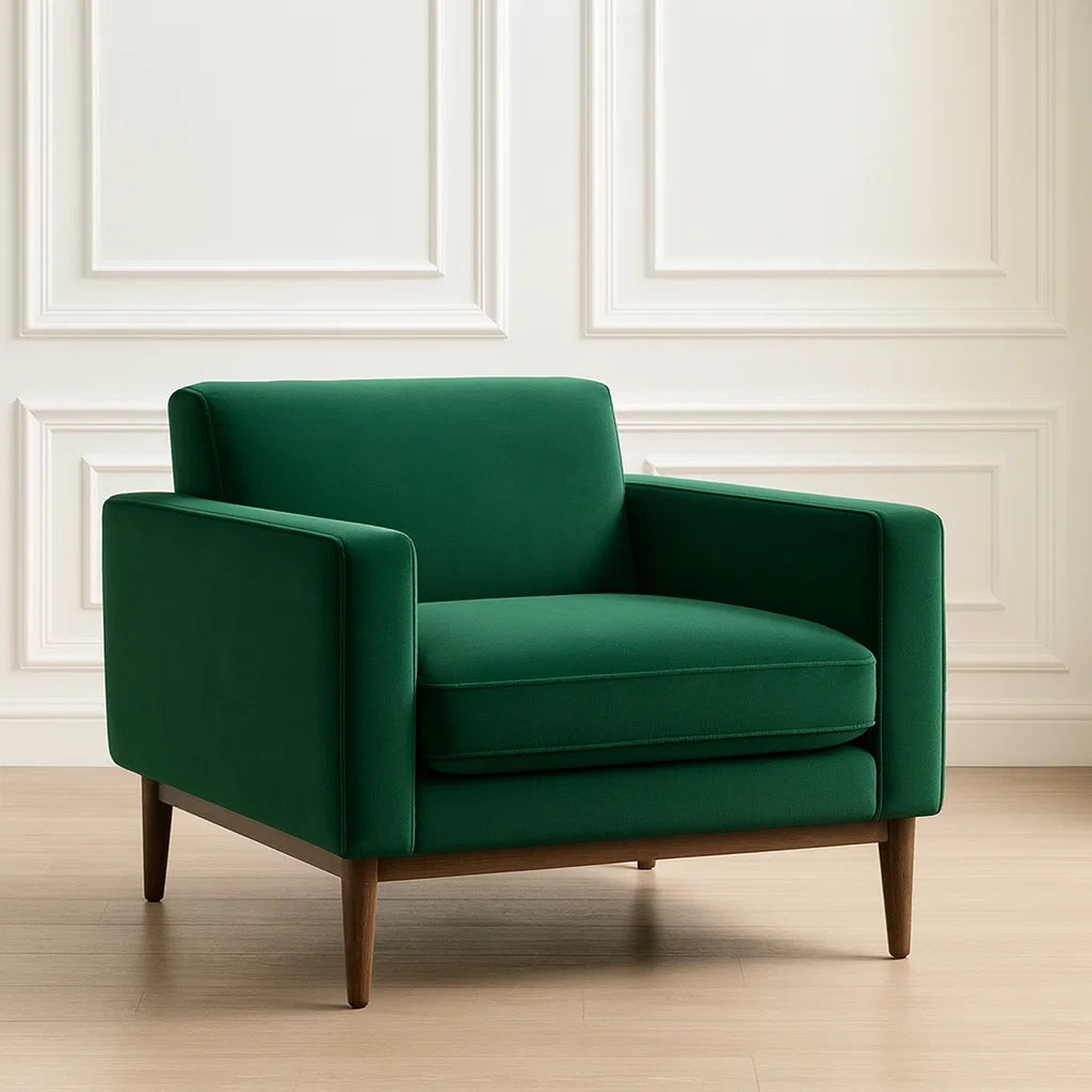 Poltrona in Velluto Verde con Gambe in Legno