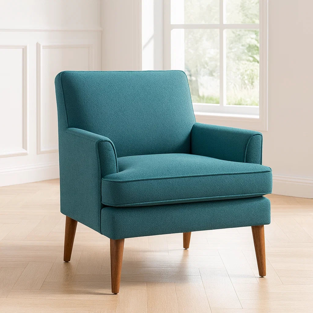 Poltrona in Tessuto Blu Petrolio con Gambe in Legno Massello