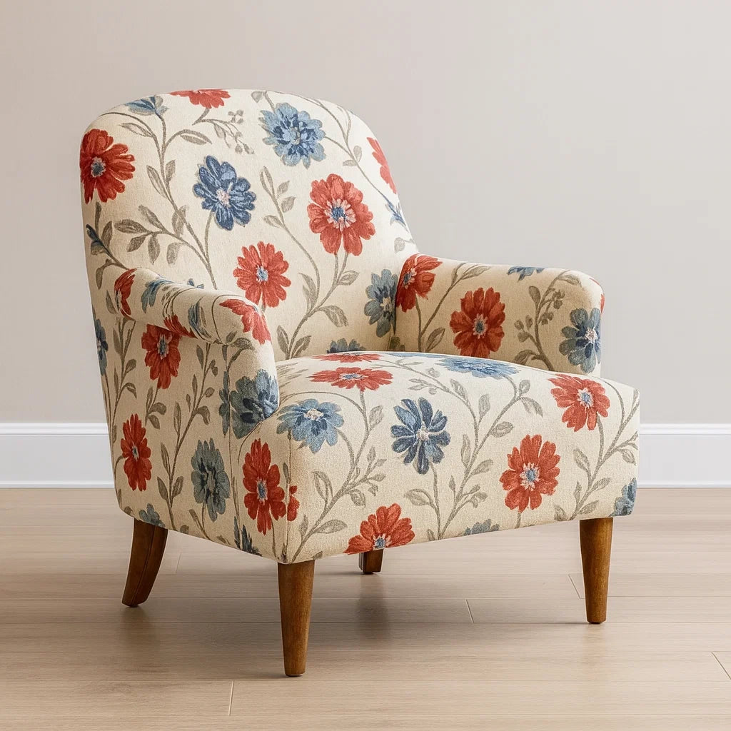 Poltrona in Cotone con Motivo Floreale e Gambe in Legno