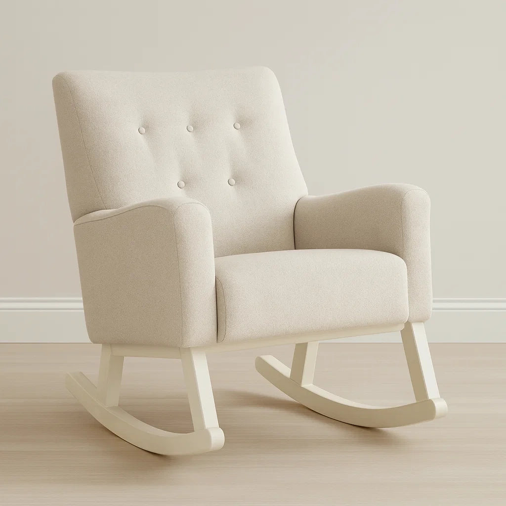 Poltrona a Dondolo in Tessuto Beige con Struttura in Legno