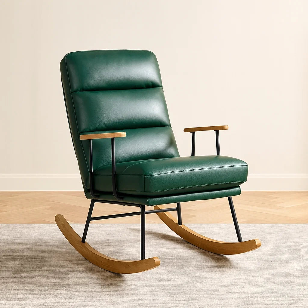Sedia a Dondolo in Pelle Sintetica Verde Scuro con Struttura in Metallo e Legno