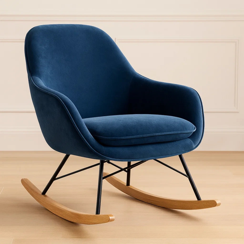Sedia a dondolo in velluto blu con base in legno