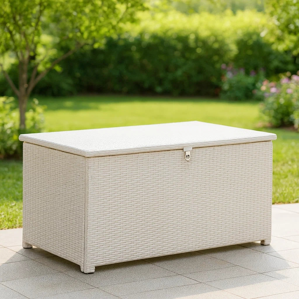 Baule da Giardino in PE Rattan Bianco 120x60x55 cm