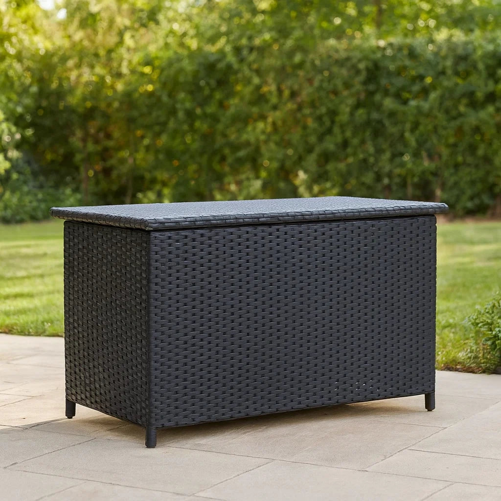 Baule da Giardino in Polyrattan Nero con Stoccaggio 120x60x65 cm
